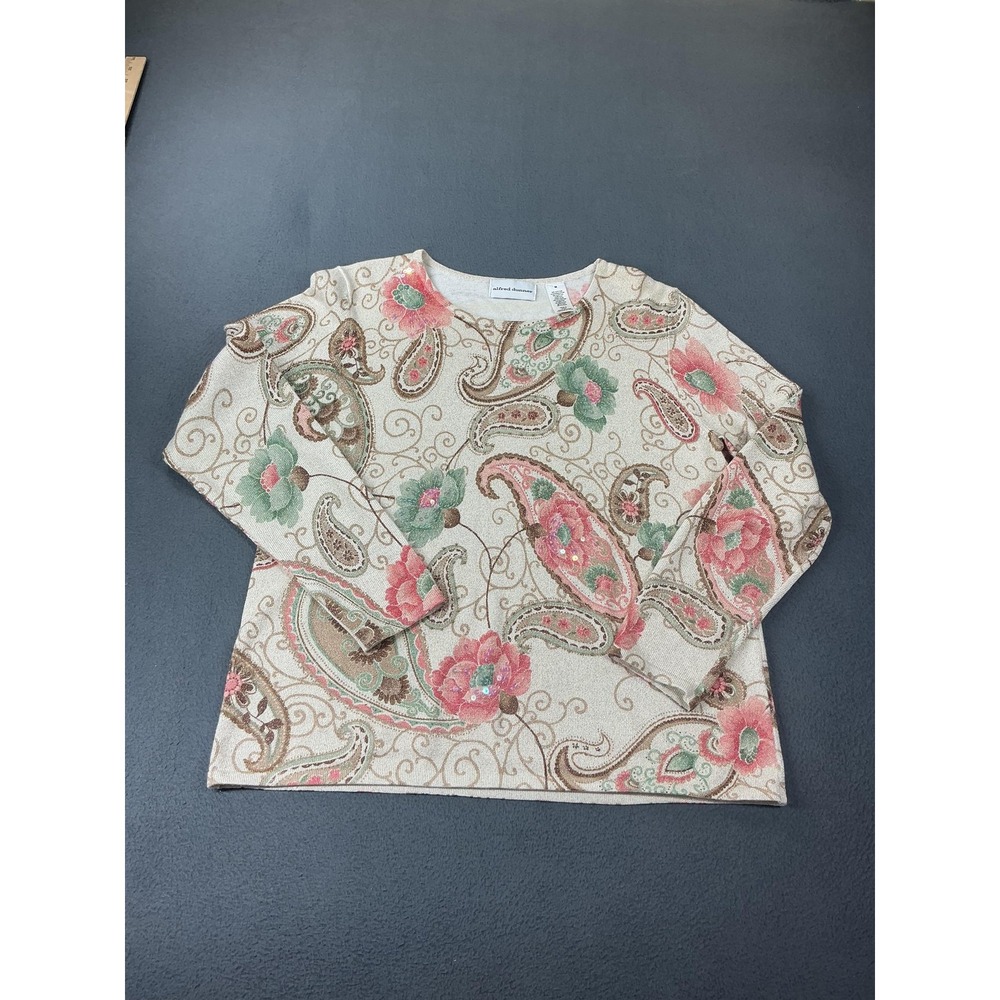 Alfred Dunner Sweater Womens M Beige Paisley Sequin Glitter 3/4 Sleeve Pullover
